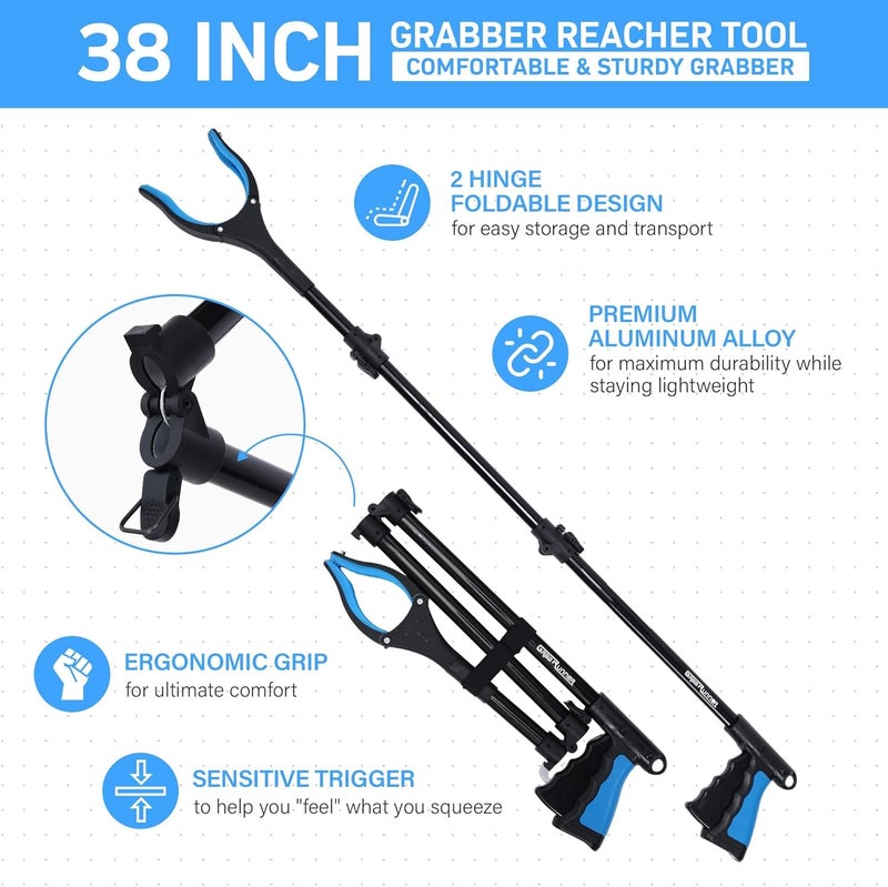 GrabRunner 38" Extra Long Grabber Reacher Tool – 2 Pack Foldable Reacher Grabber Pickup Tools with 360° Rotating Jaw & Magnet - Heavy Duty Pick Up Grabbers for Seniors, Trash, Surgery Recovery (Blue Blue) - Image 4